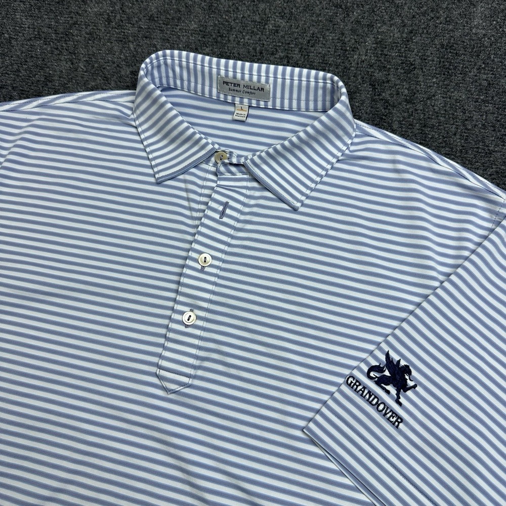 Peter Millar Summer Comfort Polo Shirt Mens L Blue Striped Grandover Golf Club
